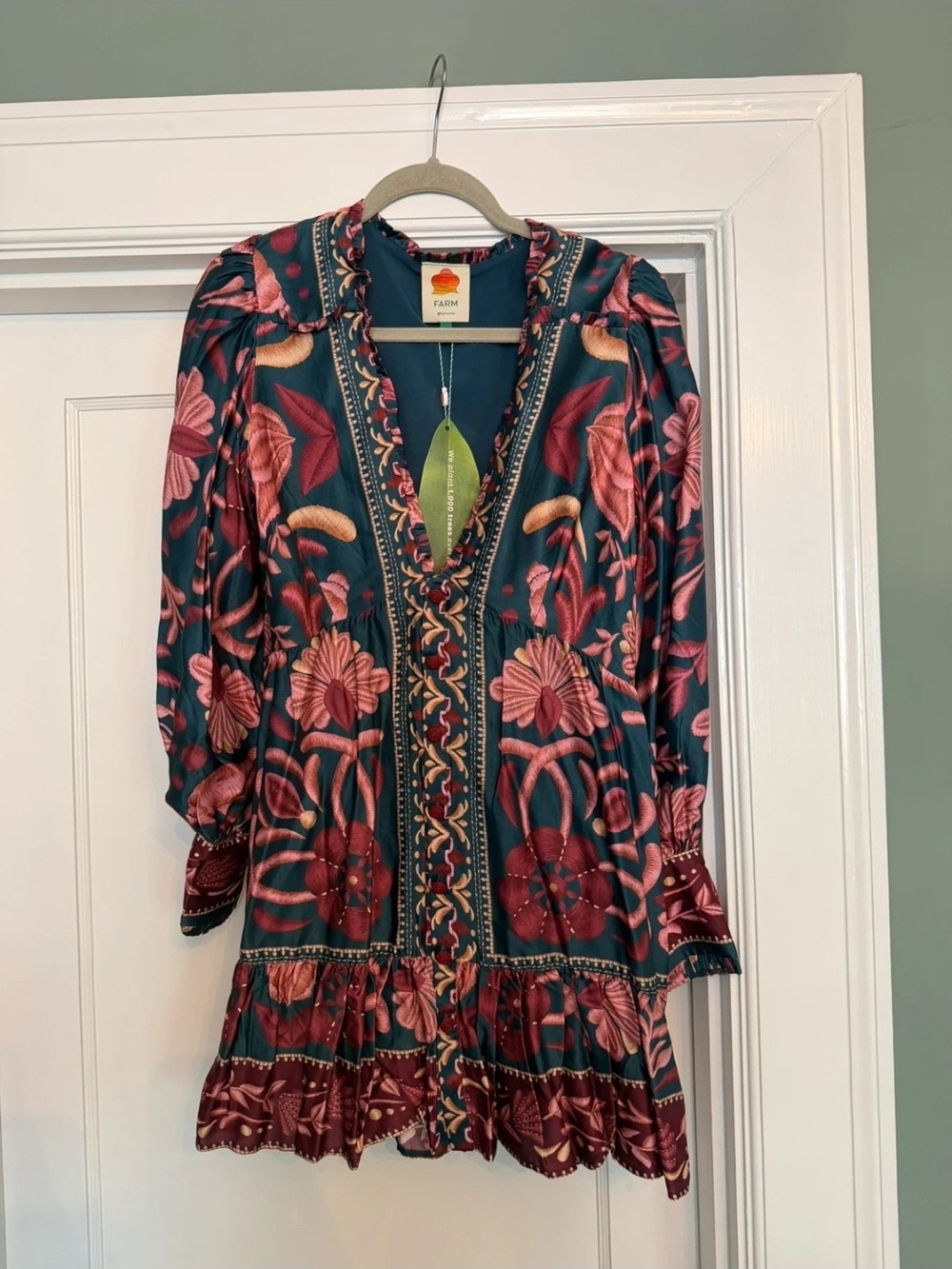 Farm Rio Shiny Flowers Long Sleeve Minidress Floral Mini Dress Blue & Pink